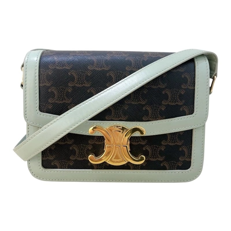 CELINE TEEN TRIOMPHE BAG SHOULDER BAG: CELINE teen triomphe bag Shoulder Bag Brand: CELINE Type: Shoulder Bag Material: Triomphe Canvas / Calfskin Color: green Size: W7.1 x H5.1x D1.6inch Shoulder:33.1inch Accessories: None