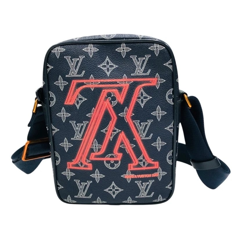 LOUIS VUITTON DANUBE UPSIDE DOWN SHOULDER BAG: LOUIS VUITTON Danube Upside Down Shoulder Bag Brand: LOUIS VUITTON Type: Shoulder Bag Material: Monogram Eclipse Color: Black orange Size: W6.3 x H8.7x D2.8inch Shoulder:32.3inch Accessories: