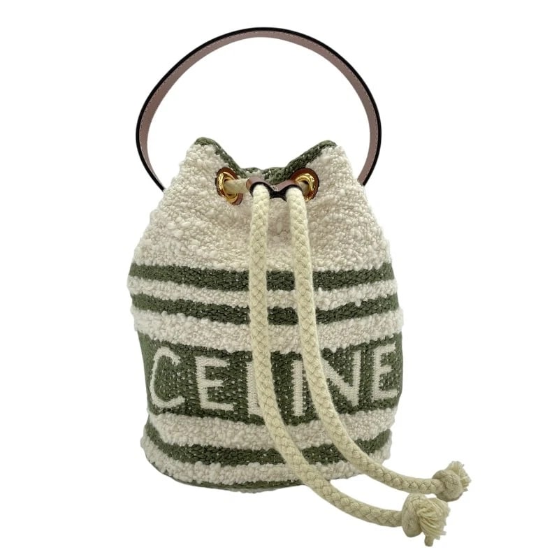 CELINE DRAWSTRING BAG HANDBAG: CELINE Drawstring bag Handbag Brand: CELINE Type: Handbag Material: canvas Color: White x green Size: W6.3 x H7.9x D6.3inch Accessories: None Accessories Notice: When purchasing pre-owned