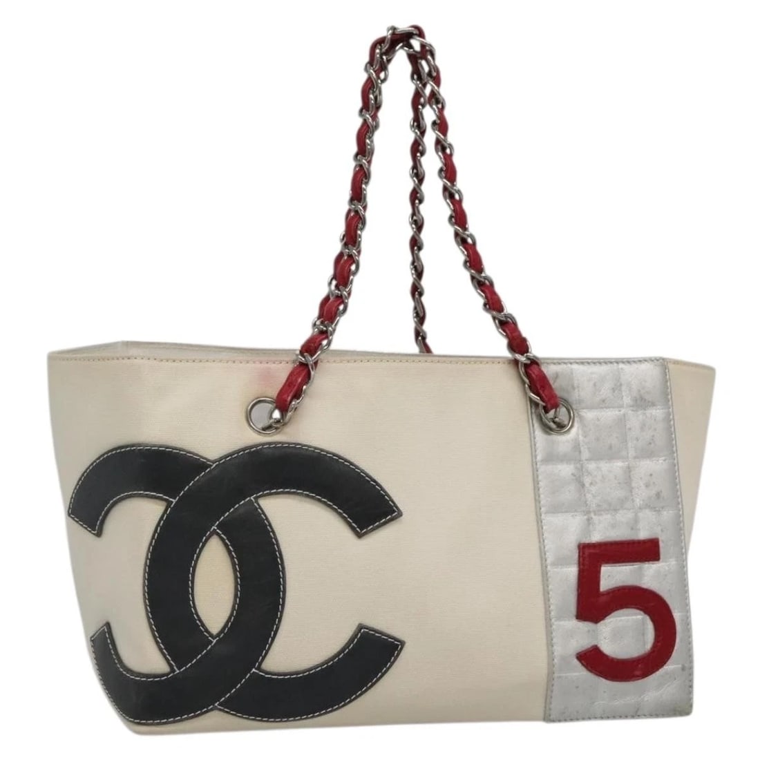 CHANEL CHOCO BAR COCO MARK CHAIN HAND BAG: CHANEL Choco Bar COCO Mark Chain Hand Bag Brand: CHANEL Type: Hand Bag Material: Canvas Color: Beige / Silver Size: W11.4 x H7.5 x D5.9inch(Approx) Handle Drop:7.9inch(Approx) Accessories: None