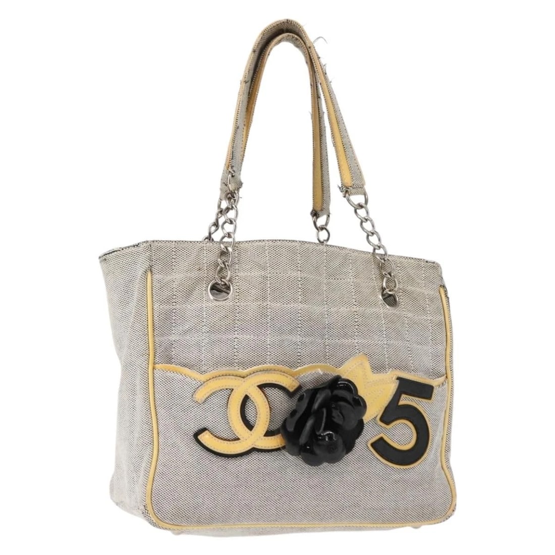 CHANEL CHOCO BAR CAMELLIA CHAIN TOTE BAG: CHANEL Choco Bar Camellia Chain Tote Bag Brand: CHANEL Type: Tote Bag Material: Canvas Color: Gray / Silver Size: W10.2 x H7.9 x D4.7inch(Approx) Handle Drop:7.1inch(Approx) Accessories: None