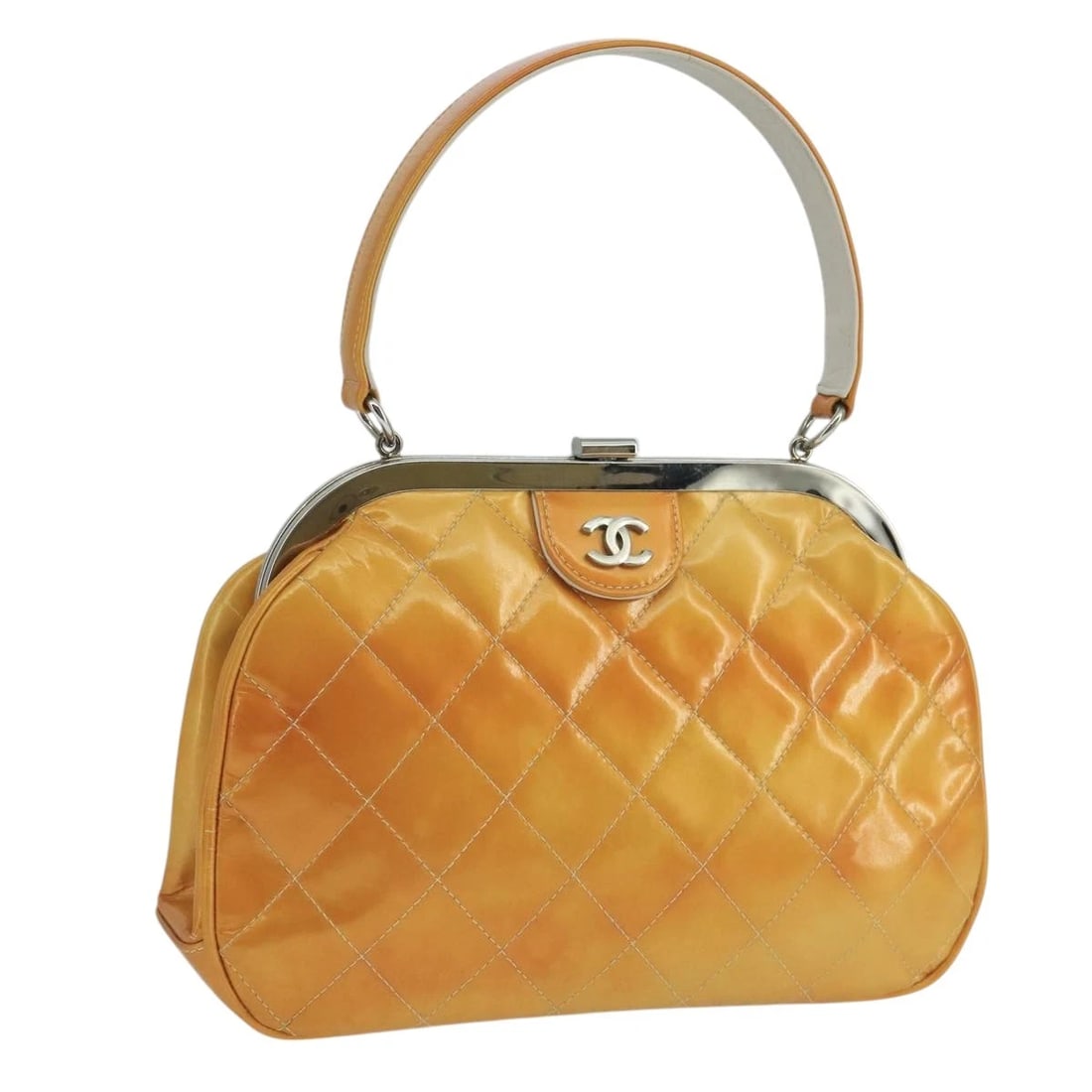 CHANEL GAMAGUCHI HAND BAG PATENT LEATHER ORANGE: CHANEL Gamaguchi Hand Bag Patent leather Orange Brand: CHANEL Type: Hand Bag Material: Patent Leather Color: Orange Size: W9.4 x H6.7 x D2.0inch(Approx) Handle Drop:5.5inch(Approx) Accessories: N
