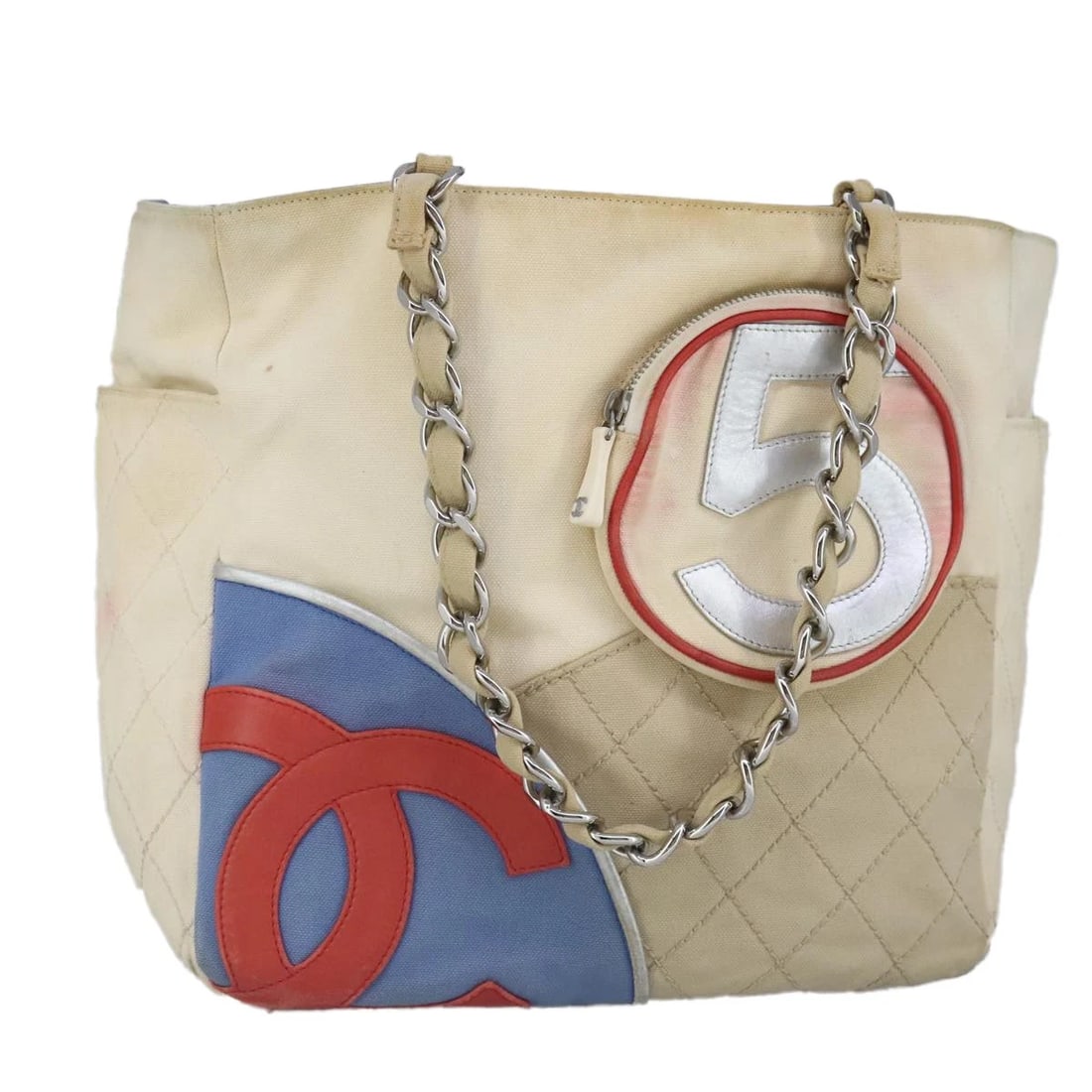 CHANEL CHAIN TOTE BAG NO5 CANVAS WHITE SILVER: CHANEL Chain Tote Bag No5 Canvas White Silver Brand: CHANEL Type: Tote Bag Material: Canvas Color: White / Silver Size: W11.4 x H11.0 x D5.1inch(Approx) Handle Drop:9.1inch(Approx) Accessories: N