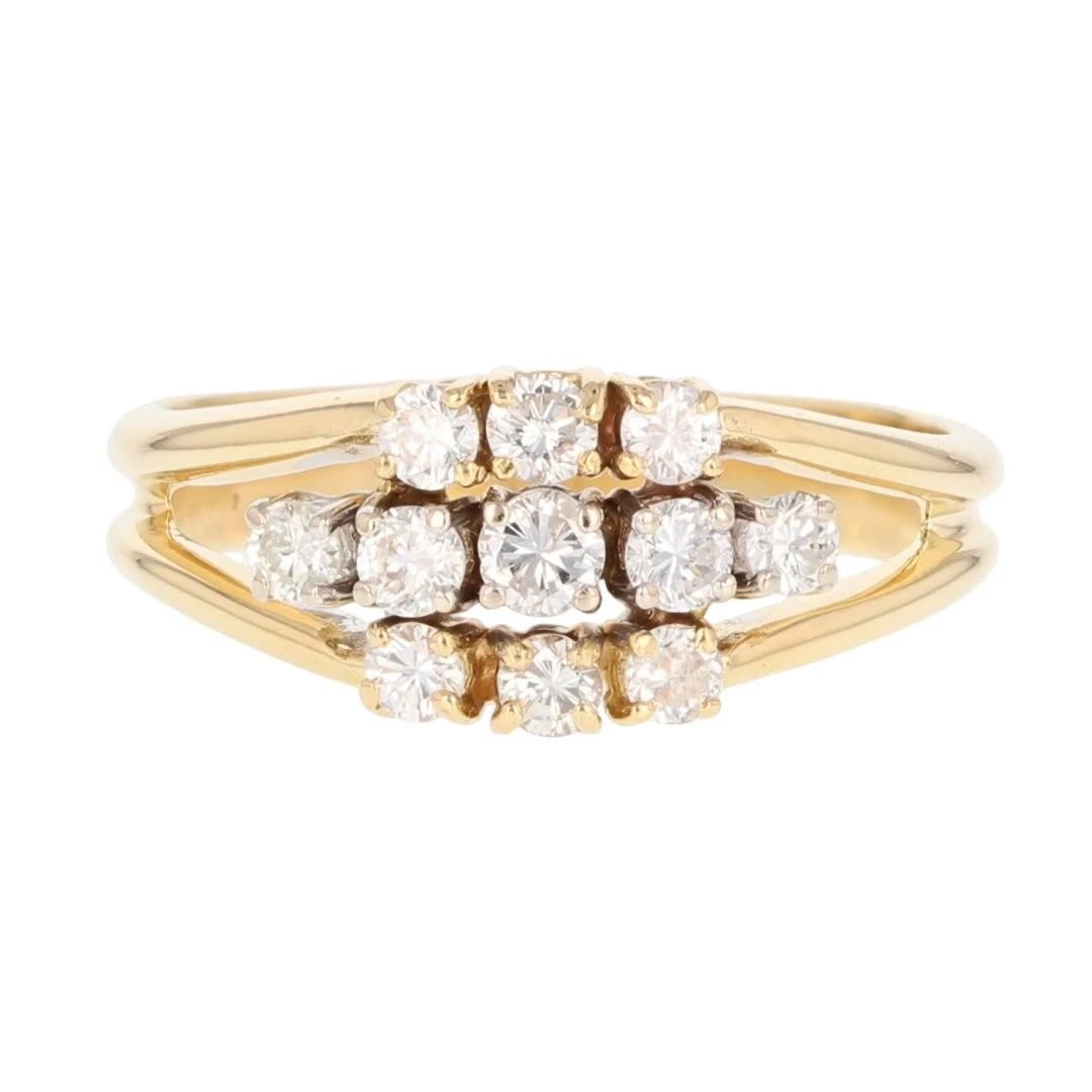 ROUND CUT DIAMOND CLUSTER SPLIT SHANK RING: Round Cut Diamond Cluster Split Shank Ring Brand: Unbranded Type: Ring Material: 18k Yellow Gold Main Stone/Creation Natural Color: None Size: 7.5 US Accessories: None Accessories Notice: