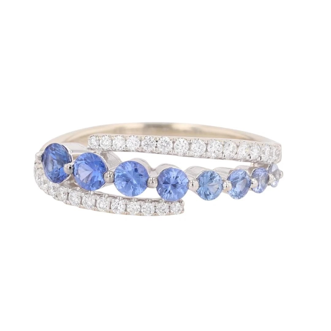 LE VIAN DENIM OMBRE ROUND SAPPHIRE AND DIAMOND RING: Le Vian Denim Ombre Round Sapphire and Diamond Ring Brand: Le Vian Type: Ring Material: 14k White Gold Main Stone/Creation Natural Color: Main Stone Color: Blue Size: 7 US Accessories: None