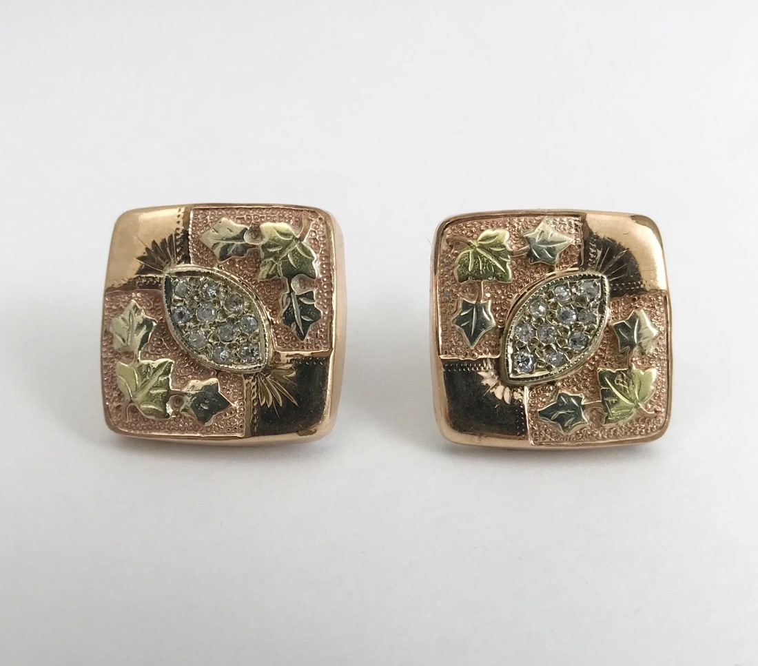 VINTAGE DIAMOND LEAF SQUARE BUTTON STUD EARRINGS - 2