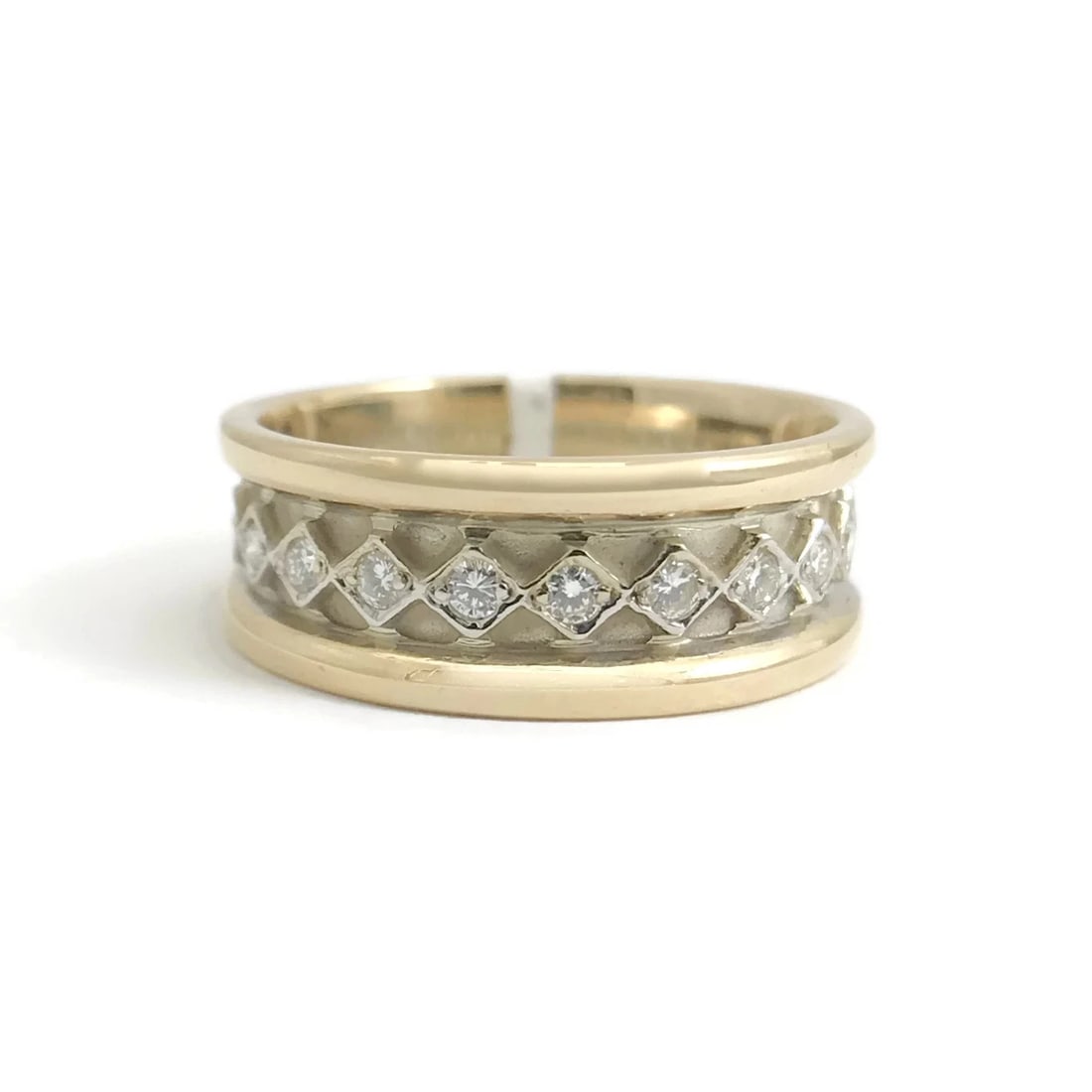 DIAMOND TWO-TONE BAND RING: Diamond Two-Tone Band Ring Brand: Unbranded Type: Ring Material: 14K Yellow White Gold Main Stone/Creation Natural Color: Gold Size: 7 US Accessories: None Accessories Notice: When purchasing