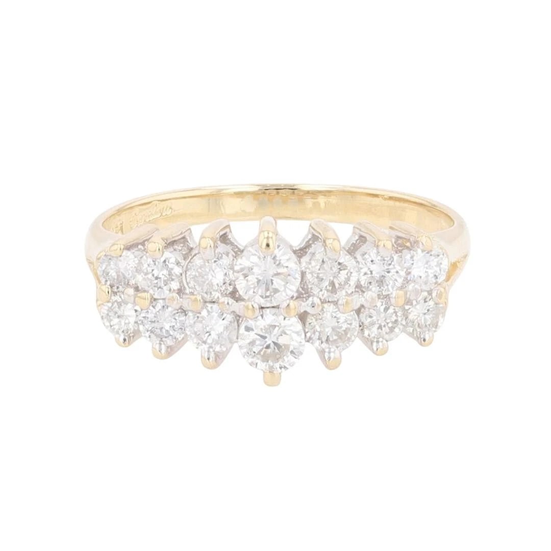 DIAMOND CLUSTER TWO-ROW STATEMENT RING: Diamond Cluster Two-Row Statement Ring Brand: Unbranded Type: Ring Material: 14k Yellow Gold Main Stone/Creation Natural Color: None Size: 7.25 US Accessories: None Accessories Notice: Whe