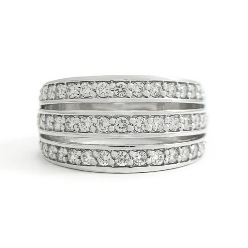 WIDE 3-ROW ROUND DIAMOND RING STATEMENT BAND: Wide 3-Row Round Diamond Ring Statement Band Brand: Unbranded Type: Ring Material: 14K White Gold Main Stone/Creation Natural Color: Silver Size: 5.75 US Accessories: None Accessories Noti