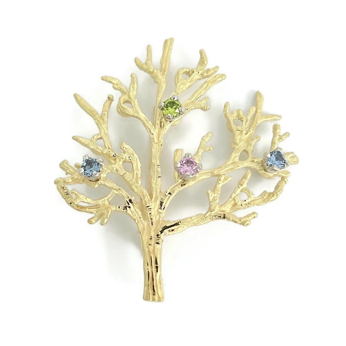 VINTAGE MULTICOLORED GEMSTONE BIRTHSTONE TREE BROOCH PIN: Vintage Multicolored Gemstone Birthstone Tree Brooch Pin Brand: Estate Type: Brooch Material: 14K Yellow Gold Color: Gold Size: Measurements: 1.8 inches x 1.5 inch Accessories: None Access