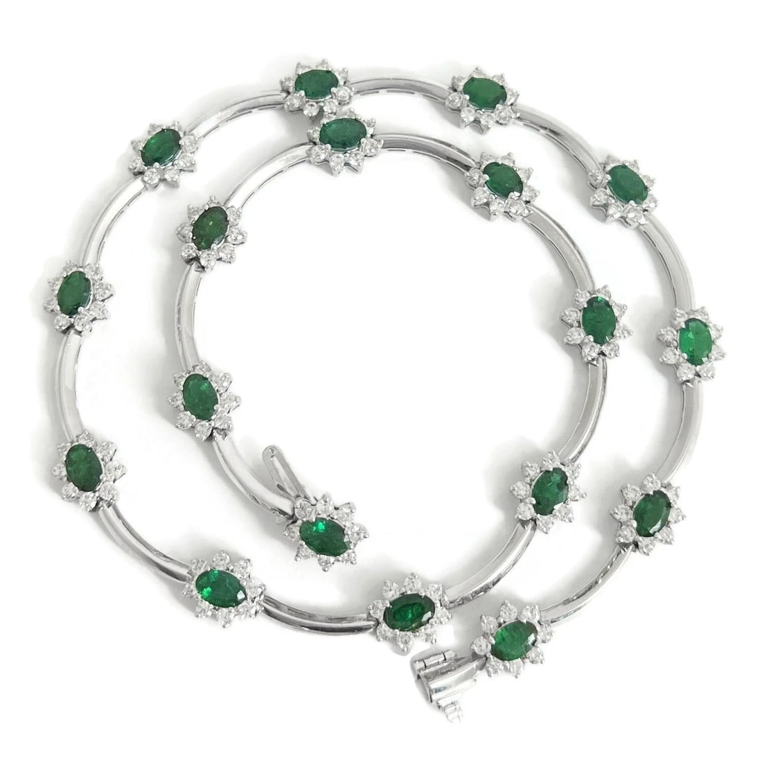 GREEN EMERALD DIAMOND HALO GEMSTONE BAR STATION NECKLACE: Green Emerald Diamond Halo Gemstone Bar Station Necklace Brand: Unbranded Type: Necklace Material: 14K White Gold Main Stone/Creation Natural Color: Green Size: Length: 16 inches Width: 8.5 mm