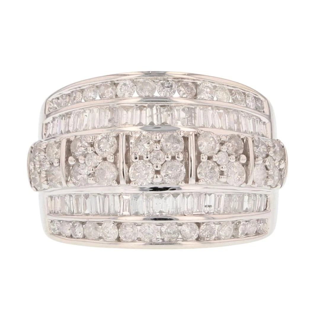 DIAMOND CLUSTER MULTI-ROW WIDE STATEMENT BAND RING: Diamond Cluster Multi-Row Wide Statement Band Ring Brand: Unbranded Type: Ring Material: 10k White Gold Main Stone/Creation Natural Color: None Size: 7.25 US Accessories: None Accessories