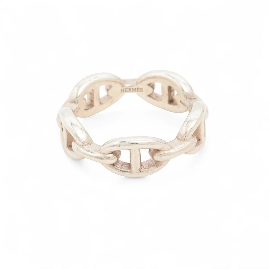 HERMES CHAINE D'ANCRE ENCHAINEE RING: Hermes Chaine d'Ancre Enchainee Ring Brand: Hermes Type/Style: Ring Material: 925, Color: Silver Size: 8.25 - 8.5 US Accessories: None Accessories Notice: When purchasing pre-owned goods,