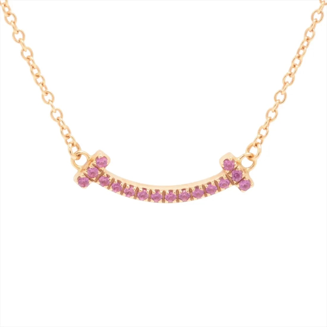 TIFFANY T SMILE MINI PINK SAPPHIRE NECKLACE 750(PG): Tiffany T Smile Mini Pink sapphire Necklace 750(PG) Brand: Tiffany Type/Style: Necklace Material: 750(PG), Color: PG Size: Size(CM) Chain length:46.3 Accessories: None Accessories Notice: