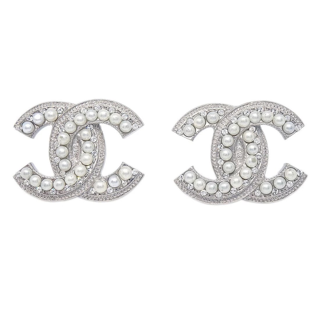 CHANEL CC CLIP-ON EARRINGS SILVER PEARL (1 of 2)