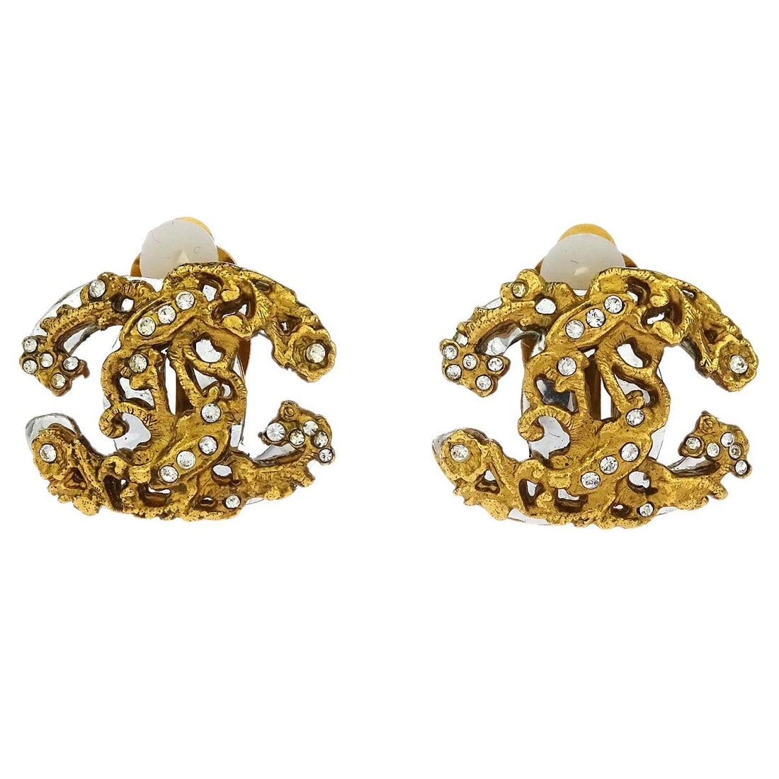 CHANEL GOLD CC EARRINGS CLIP-ON RHINESTONE: Chanel Gold CC Earrings Clip-On Rhinestone Brand: CHANEL Type/Style: Earrings Material: Gold plated, Silver Plated, Color: Gold Size: W 2.3 x H 1.8 cm Accessories: None Accessories Notice: