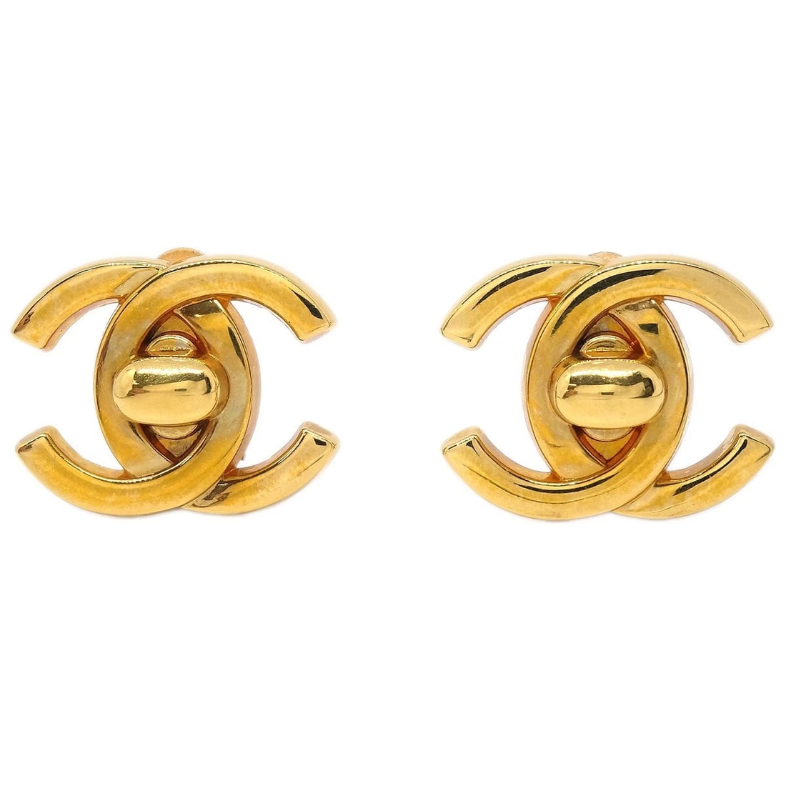 CHANEL CC TURNLOCK CLIP-ON EARRINGS GOLD: Chanel CC Turnlock Clip-On Earrings Gold Brand: CHANEL Type/Style: Earrings Material: Gold plated, Color: Gold Size: W 2.7 x H 2.1 cm Accessories: None Accessories Notice: When purchasing