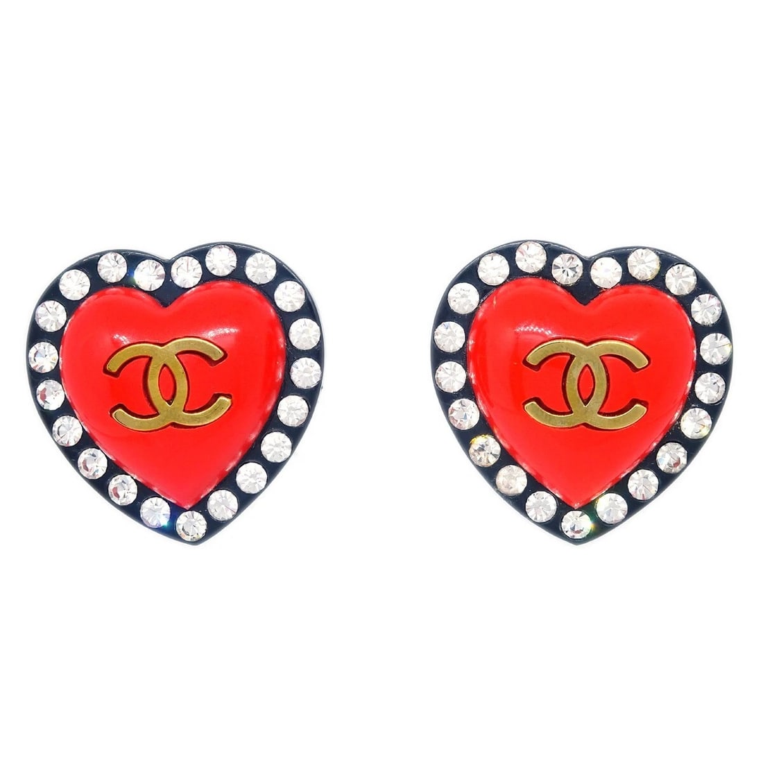 CHANEL HEART RHINESTONE EARRINGS CLIP-ON RED (1 of 3)