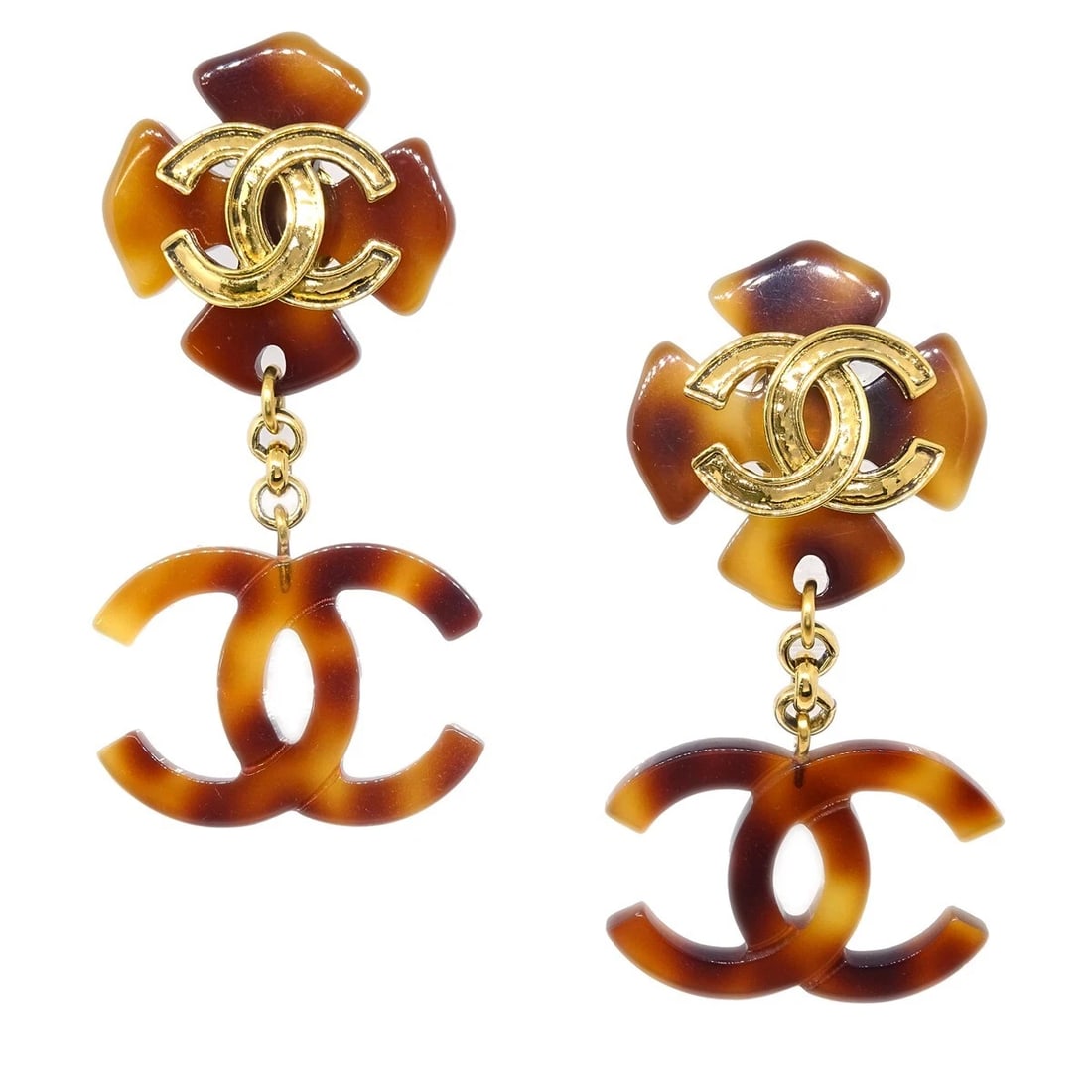 CHANEL CC DANGLE EARRINGS GOLD CLIP-ON (1 of 3)