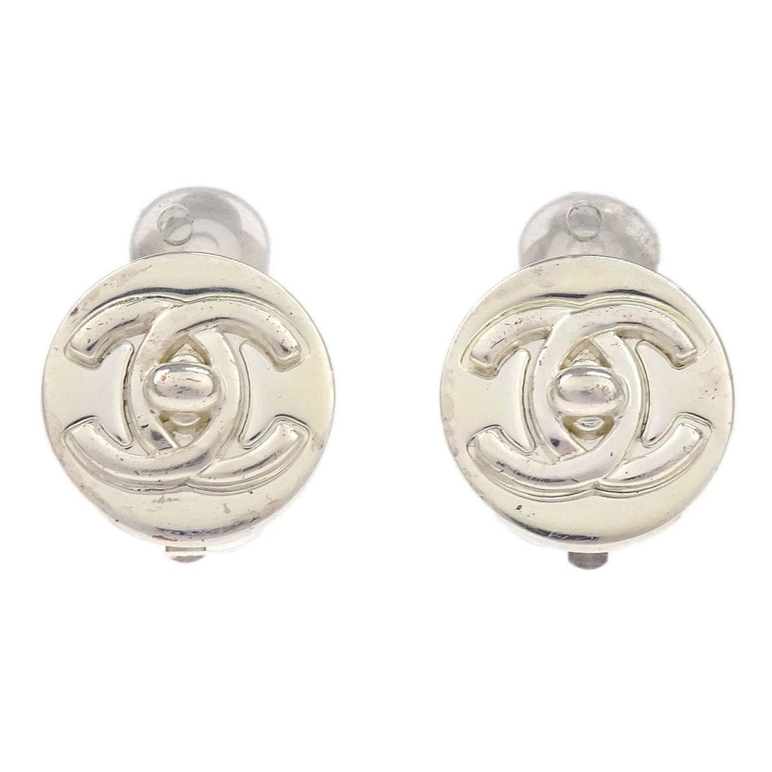 CHANEL TURNLOCK BUTTON EARRINGS CLIP-ON SILVER: Chanel Turnlock Button Earrings Clip-On Silver Brand: CHANEL Type/Style: Earrings Material: Silver Plated, Color: Silver Size: Diameter : 1.3 cm Accessories: None Accessories Notice: When