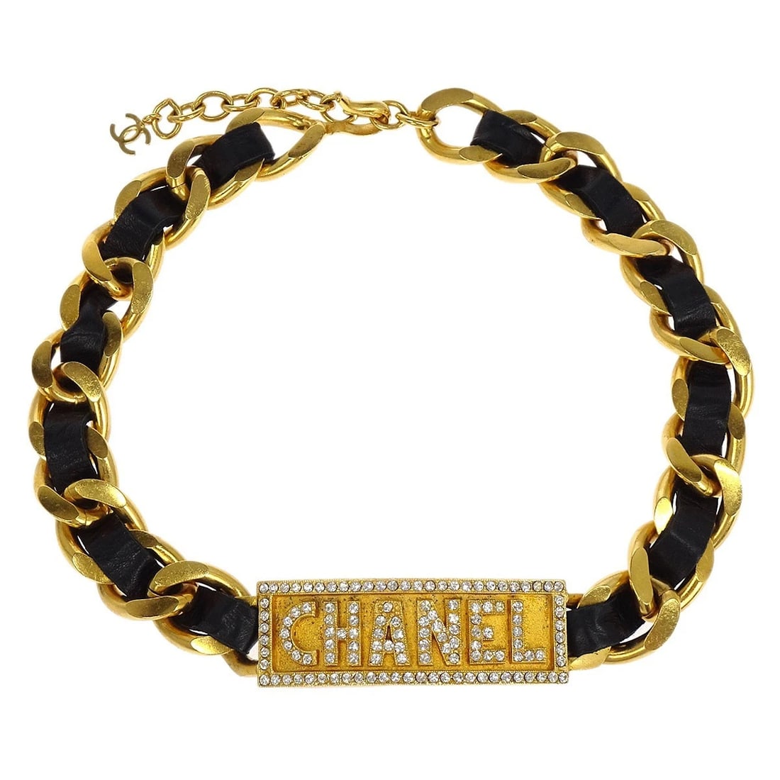 CHANEL GOLD BLACK LEATHER RHINESTONE CHOKER NECKLACE: Chanel Gold Black Leather Rhinestone Choker Necklace Brand: CHANEL Type/Style: Necklace Material: Gold Plated, Color: Gold, Black Size: Chain(Overall) : 38.0 cm Width : 1.5 - 1.8 cm 