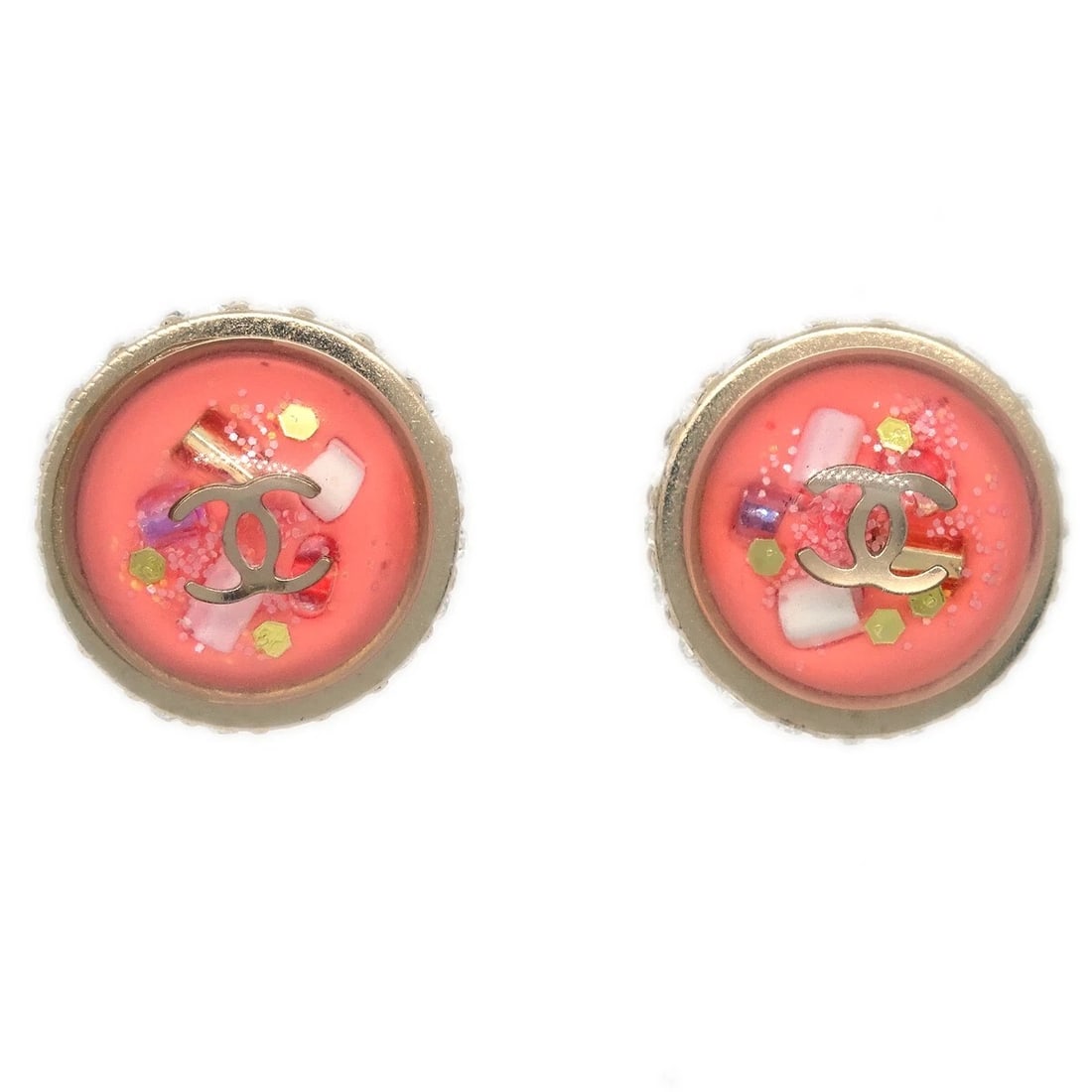 CHANEL BUTTON PIERCED EARRINGS RHINESTONE PINK: Chanel Button Pierced Earrings Rhinestone Pink Brand: CHANEL Type/Style: Earrings Material: Gold Plated, Color: Pink, Gold Size: Diameter : 1.5 cm Accessories: None Accessories Notice: Whe