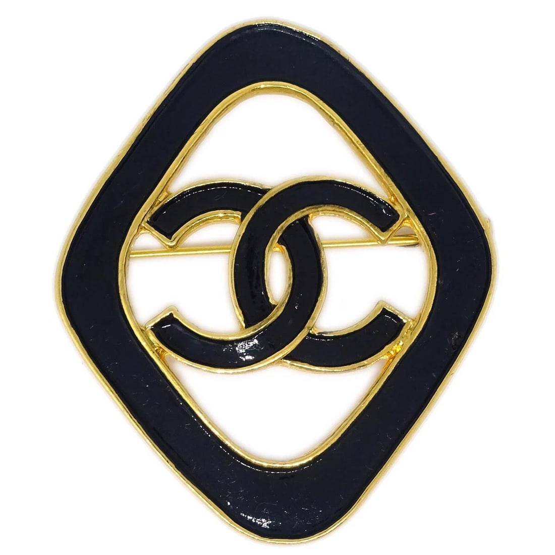 CHANEL RHOMBUS BROOCH PIN BLACK: Chanel Rhombus Brooch Pin Black Brand: CHANEL Type/Style: Brooch Material: Gold Plated, Color: Black, Gold Size: W 4.4 x H 5.4 cm Accessories: None Accessories Notice: When purchasing