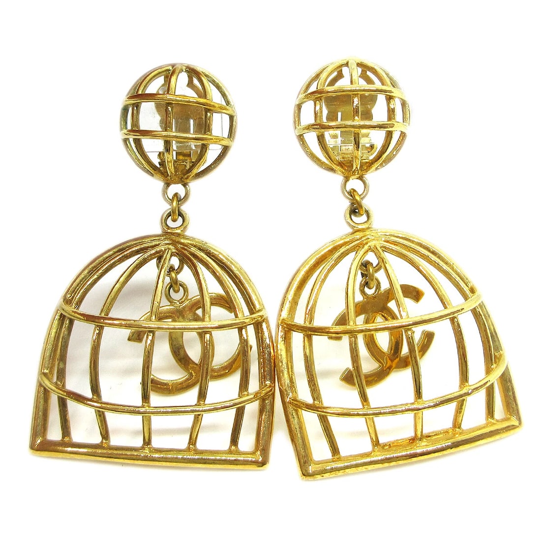 CHANEL BIRDCAGE DANGLE EARRINGS CLIP-ON GOLD: Chanel Birdcage Dangle Earrings Clip-On Gold Brand: CHANEL Type/Style: Earrings Material: Gold-tone, Color: Gold Size: W 4.0 x H 7.0 cm Accessories: None Accessories Notice: When purchasing