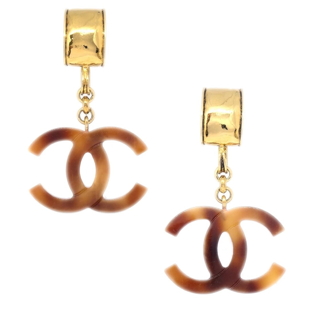 CHANEL CC DANGLE EARRINGS GOLD CLIP-ON BROWN: Chanel CC Dangle Earrings Gold Clip-On Brown Brand: CHANEL Type/Style: Earrings Material: Gold Plated, Color: Gold, Brown Size: W 4.5 x H 8.0 cm Accessories: None Accessories Notice: When