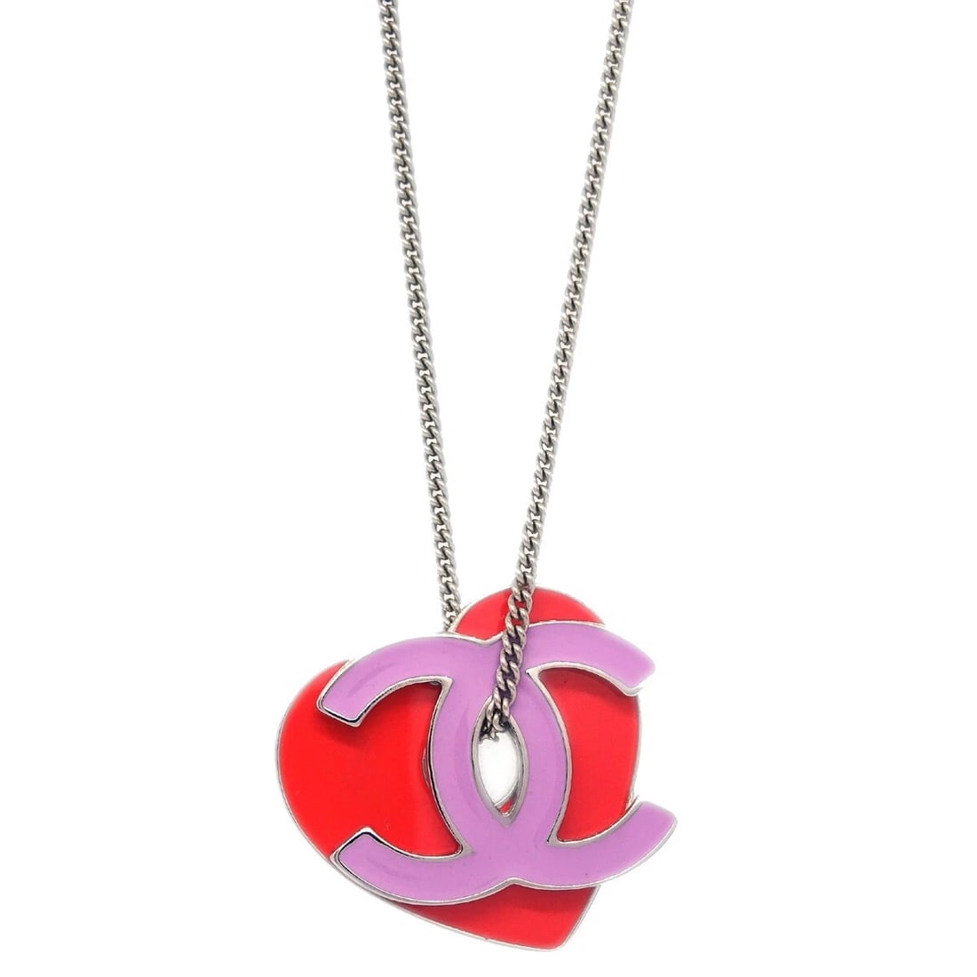 CHANEL CC HEART CHAIN NECKLACE SILVER PINK: Chanel CC Heart Chain Necklace Silver Pink Brand: CHANEL Type/Style: Pendant Material: Silver Plated, Color: Silver, Pink, Red Size: Chain(Overall) : 58.0 cm Charm(CC) : W 2.5 x H 2.0 cm 