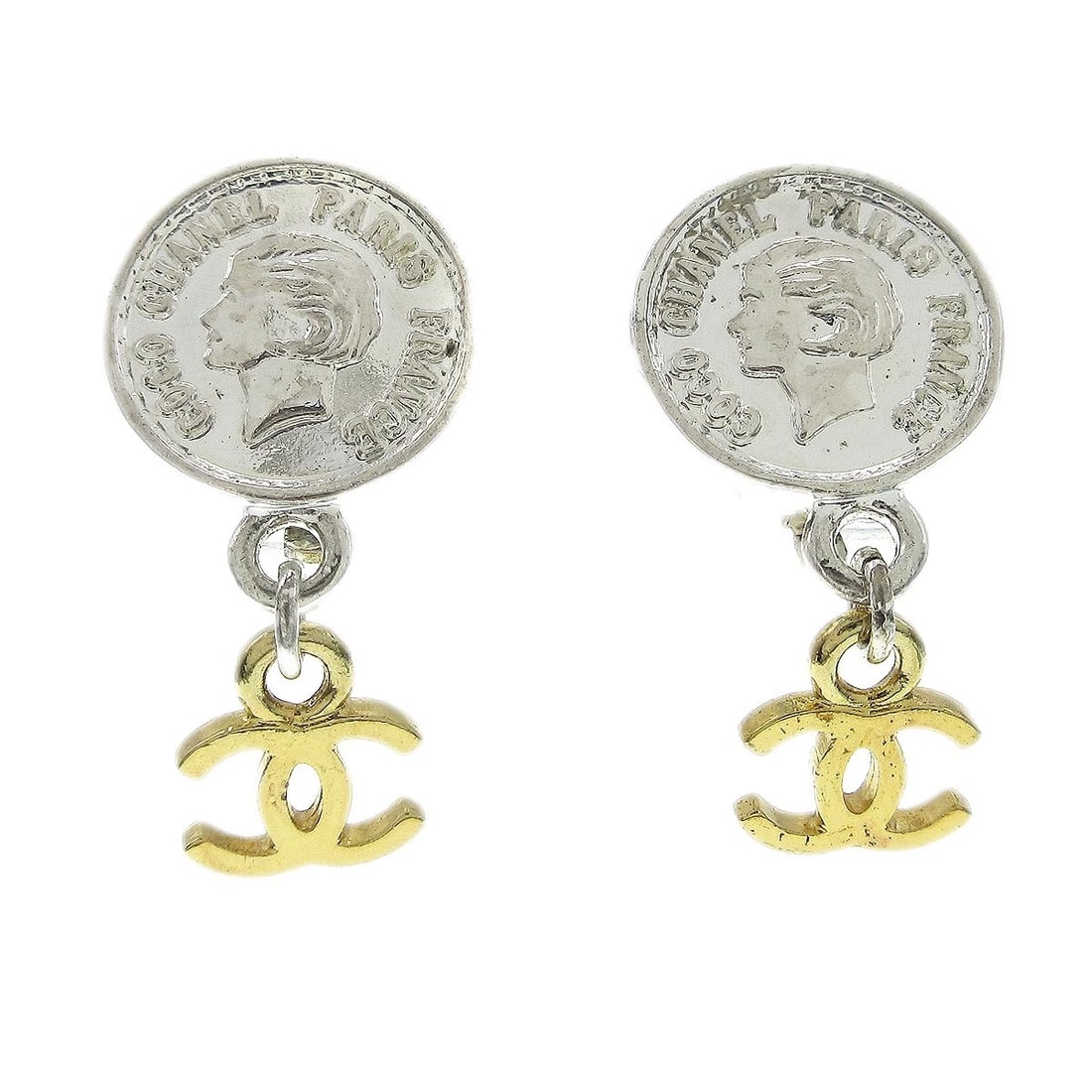 CHANEL MEDALLION DANGLE EARRINGS GOLD SILVER CLIP-ON (1 of 2)