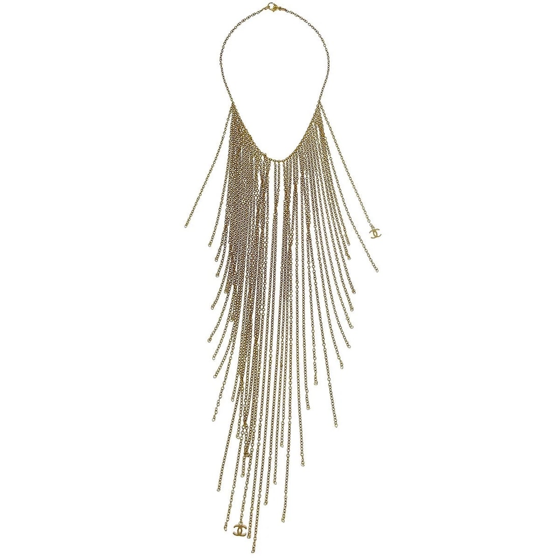 CHANEL GOLD FRINGE CHAIN NECKLACE: Chanel Gold Fringe Chain Necklace Brand: CHANEL Type/Style: Necklace Material: Gold Plated, Color: Gold Size: Chain(Overall) : 38.0 cm Top : Length: 29.5 cm Accessories: None Accessories N