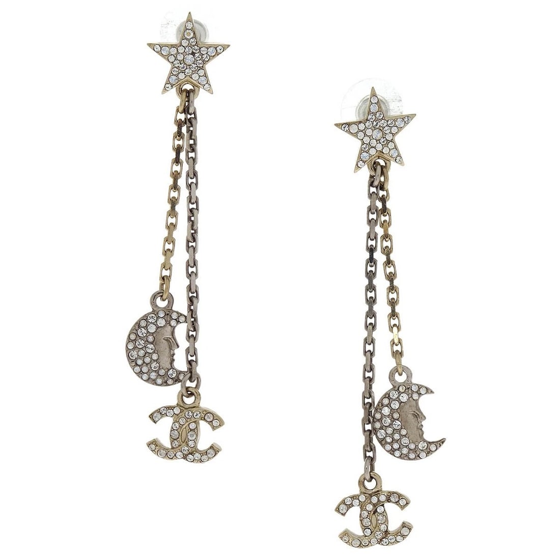 CHANEL STAR CC MOON DANGLE PIERCED EARRINGS SILVER (1 of 2)
