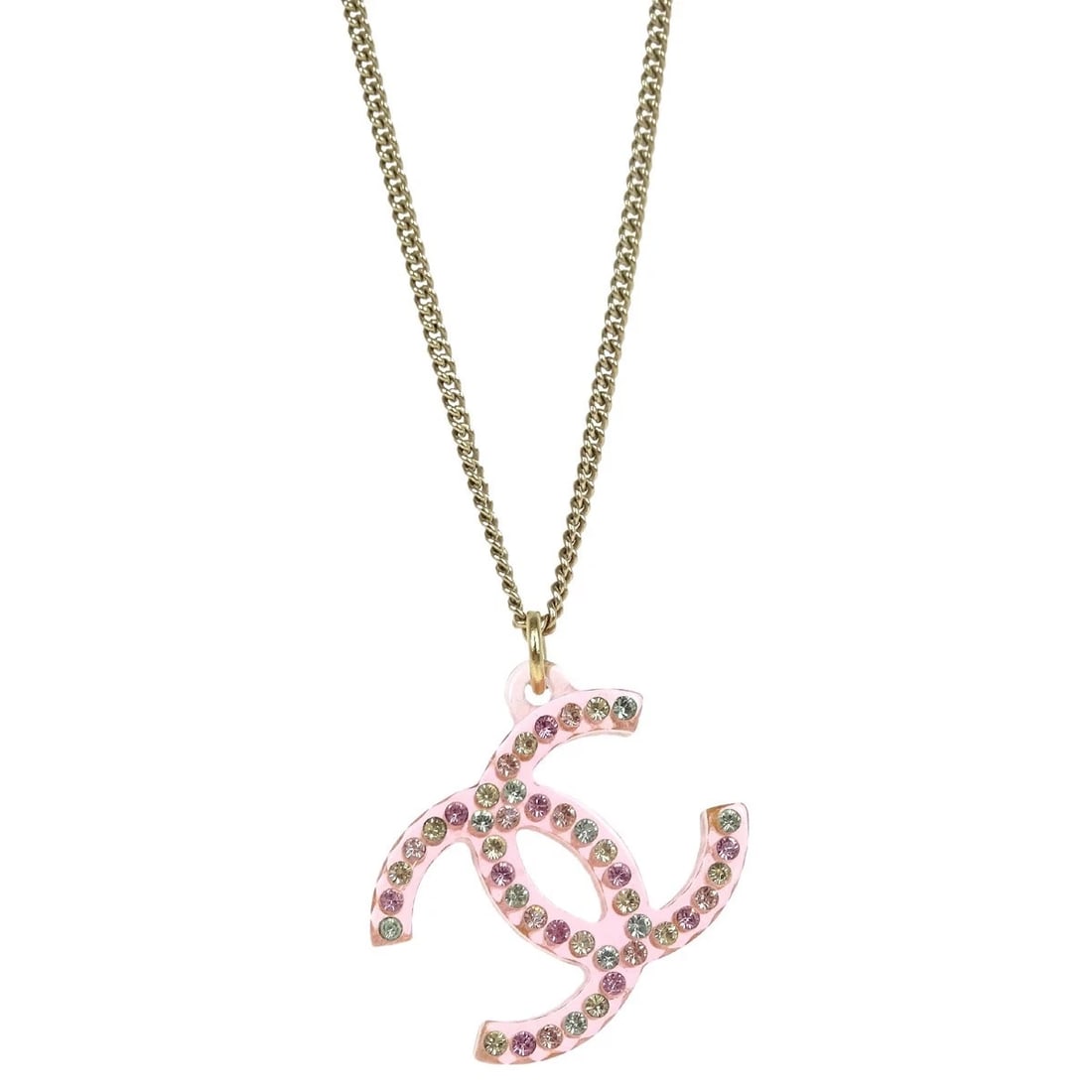 CHANEL CC CHAIN PENDANT NECKLACE RHINESTONE GOLD: Chanel CC Chain Pendant Necklace Rhinestone Gold Brand: CHANEL Type/Style: Necklace Material: Gold plated, Color: Gold, Pink Size: Chain(Overall) : 60.0 cm Top : W 2.5 x H 1.8 cm Accessories: Non