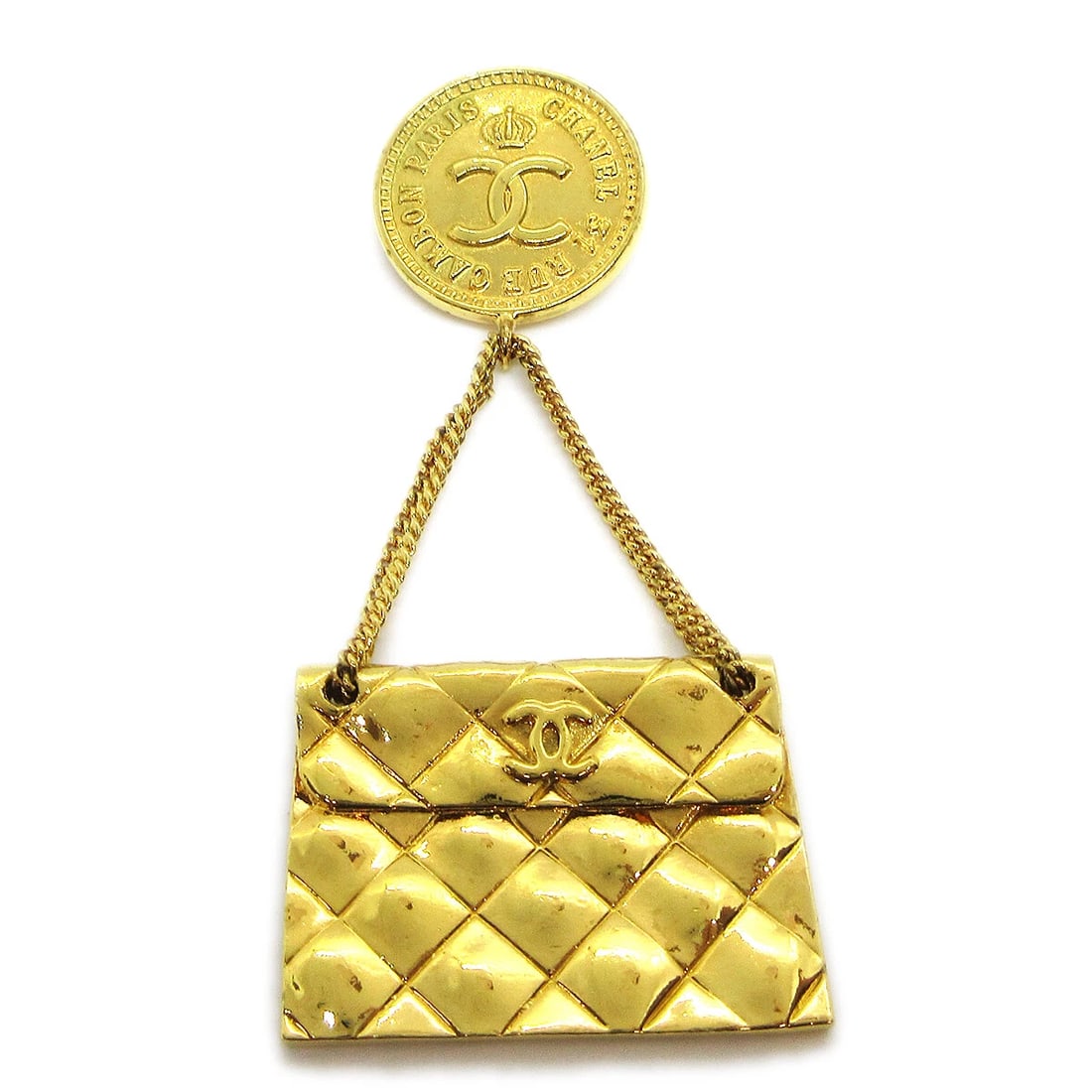 CHANEL BAG BROOCH PIN GOLD: Chanel Bag Brooch Pin Gold Brand: Chanel Type/Style: Brooch Material: Gold-tone, Color: Gold Size: W 3.5 x H 7.5 cm Accessories: None Accessories Notice: When purchasing pre-owned goods, p