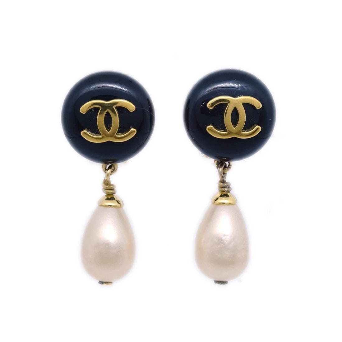 CHANEL ARTIFICIAL PEARL DANGLE EARRINGS CLIP-ON BLACK (1 of 3)