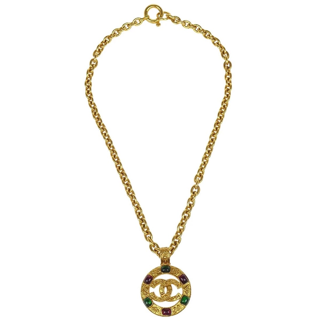 CHANEL GRIPOIX GOLD CHAIN PENDANT NECKLACE: Chanel Gripoix Gold Chain Pendant Necklace Brand: CHANEL Type/Style: Necklace Material: Gold Plated, Color: Gold, Green, Red Size: Chain(Overall) : 68.0 cm Top : Diameter : 4.7 cm 