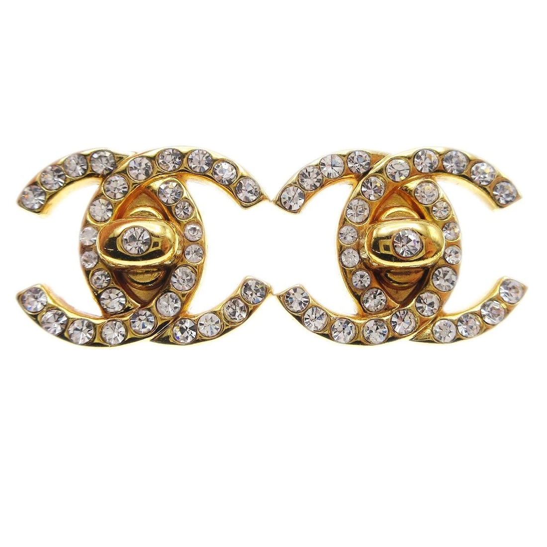CHANEL CC TURNLOCK RHINESTONE EARRINGS CLIP-ON GOLD: Chanel CC Turnlock Rhinestone Earrings Clip-On Gold Brand: CHANEL Type/Style: Earrings Material: Gold plated, Color: Gold Size: W 2.2 x H 1.7 cm Accessories: None Accessories Notice: When