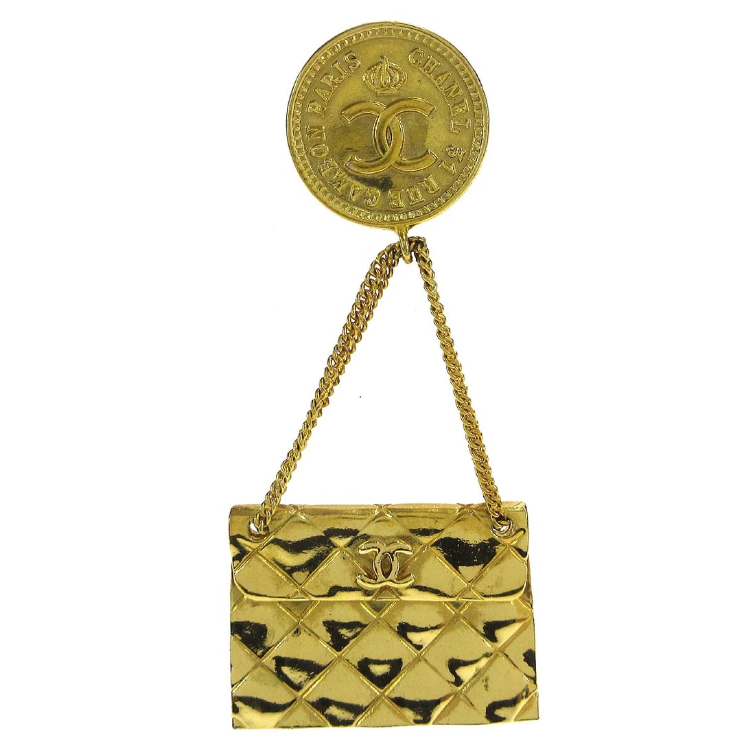 CHANEL BAG BROOCH PIN GOLD: Chanel Bag Brooch Pin Gold Brand: CHANEL Type/Style: Brooch Material: Gold-plated, Color: Gold Size: W 3.5 x H 7.8 cm Accessories: None Accessories Notice: When purchasing pre-owned goods,
