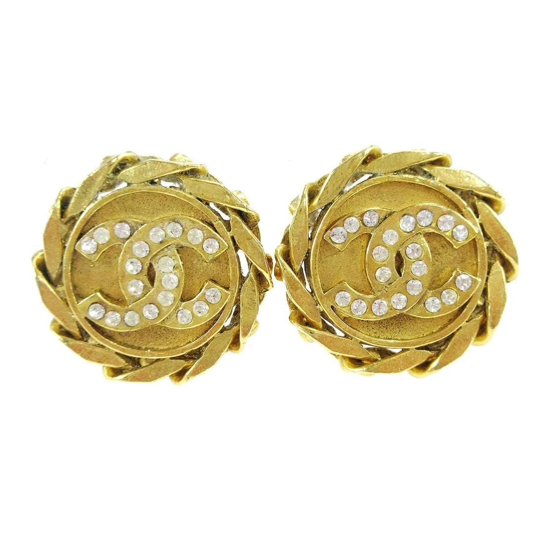 CHANEL RHINESTONE BUTTON EARRINGS: Chanel Rhinestone Button Earrings Brand: CHANEL Type/Style: Earrings Material: Gold-plated, Color: Gold Size: Diameter : 3.0 cm Accessories: None Accessories Notice: When purchasing pre-ow