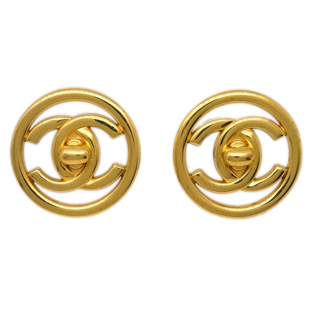CHANEL CC TURNLOCK BUTTON EARRINGS GOLD CLIP-ON: Chanel CC Turnlock Button Earrings Gold Clip-On Brand: CHANEL Type/Style: Earrings Material: Gold-plated, Color: Gold Size: Diameter : 2.8 cm Accessories: None Accessories Notice: When