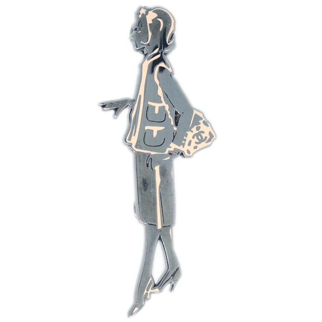 CHANEL SILVER MADEMOISELLE BROOCH PIN: Chanel Silver Mademoiselle Brooch Pin Brand: CHANEL Type/Style: Brooch Material: Silver plated, Color: Silver, Beige Size: W 3.0 x H 7.5 cm Accessories: None Accessories Notice: When
