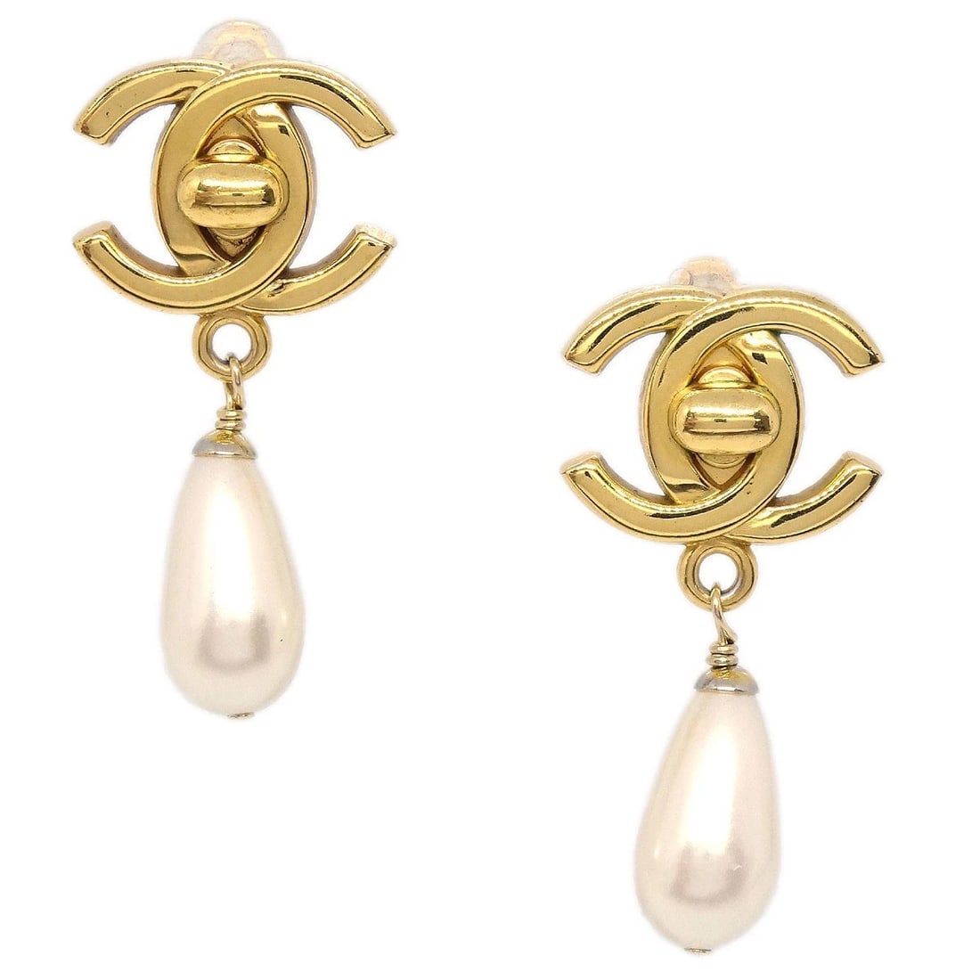 CHANEL CC TURNLOCK ARTIFICIAL PEARL CLIP-ON EARRINGS: Chanel CC Turnlock Artificial Pearl Clip-On Earrings Brand: CHANEL Type/Style: Earrings Material: Gold plated, Color: Gold Size: W 2.1 x H 4.2 cm Accessories: None Accessories Notice: When