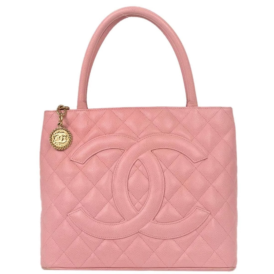 CHANEL PINK CALFSKIN MEDALLION TOTE HANDBAG: Chanel Pink Calfskin Medallion Tote Handbag Brand: CHANEL Type/Style: Tote Material: Caviar Skin Leather Color: Pink Size: W 11.8 x H 9.4 x D 5.9 " Handle Drop. 6.7 " Accessories: None Acc