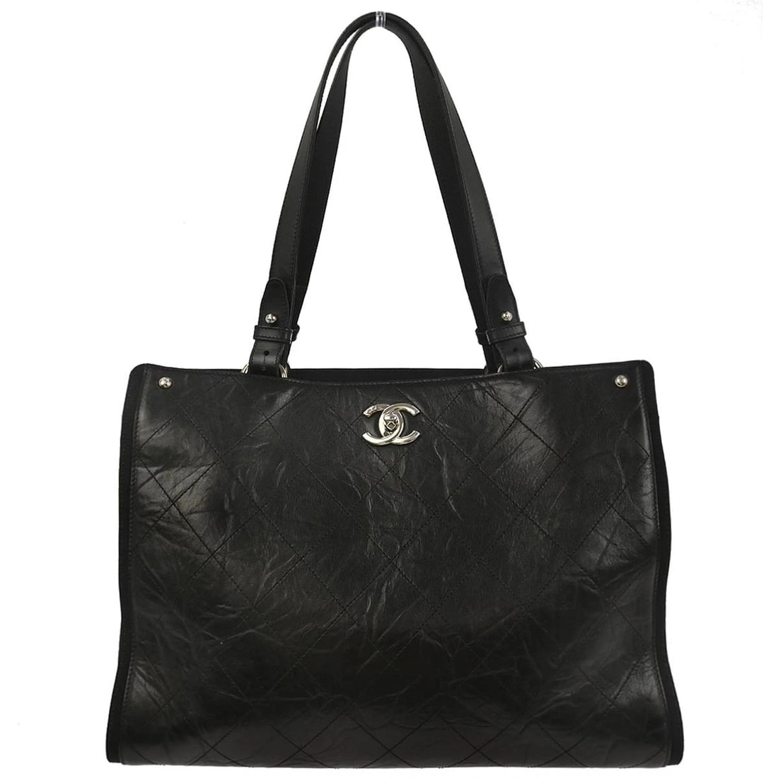 CHANEL BLACK CALFSKIN TOTE BAG: Chanel Black Calfskin Tote Bag Brand: CHANEL Type/Style: Tote Material: Calfskin Color: Black Size: W 14.6 x H 10.2 x D 5.5 " Handle Drop. 9.1 " Accessories: None Accessories Notice: When