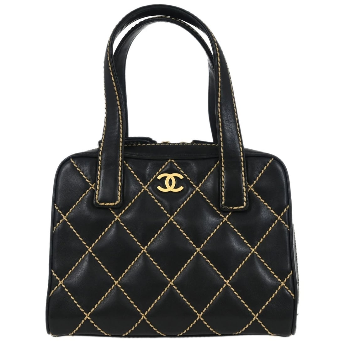 CHANEL BLACK CALFSKIN WILD STITCH HANDBAG: Chanel Black Calfskin Wild Stitch Handbag Brand: CHANEL Type/Style: Handbag Material: Calfskin Leather Color: Black Size: W 9.1 x H 6.7 x D 3.5 " Handle Drop. 5.9 " Accessories: None Acces