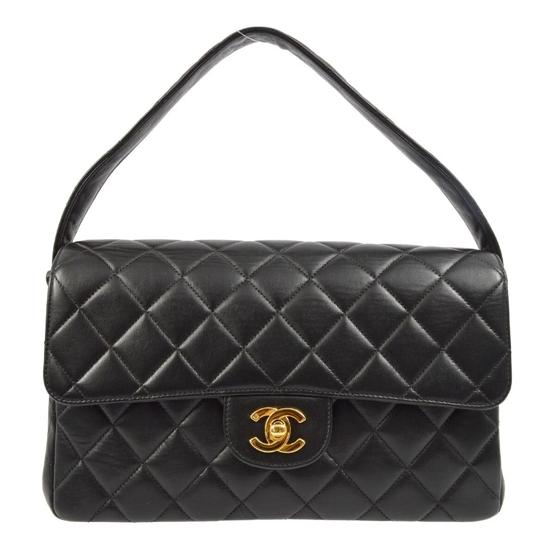 CHANEL BLACK LAMBSKIN DOUBLE SIDED CLASSIC FLAP HANDBAG: Chanel Black Lambskin Double Sided Classic Flap Handbag Brand: CHANEL Type/Style: Handbag Material: Lambskin Leather Color: Black Size: W 9.8 x H 6.3 x D 2.8 " Handle Drop. 4.3 " Accessories: Non