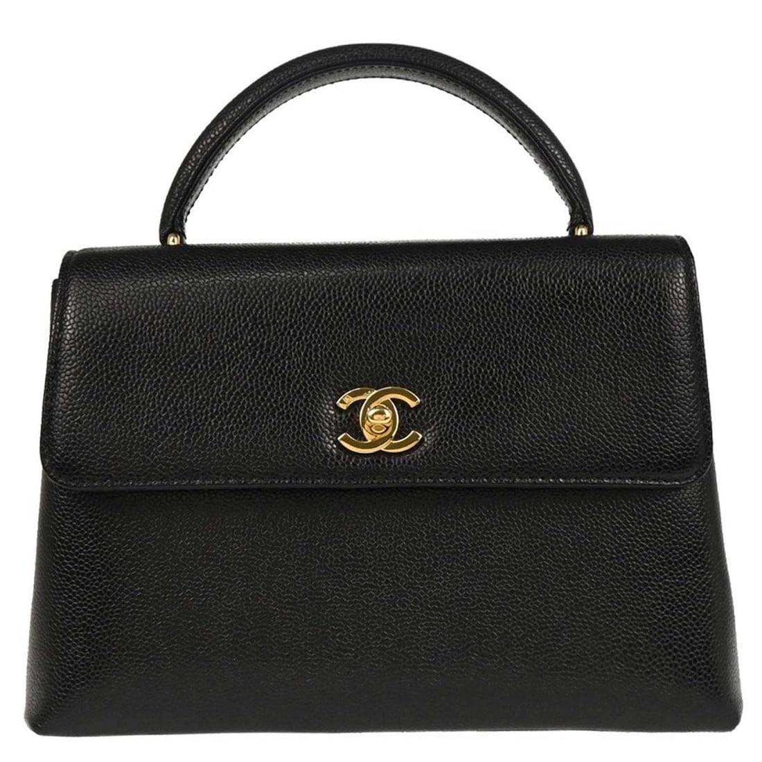 CHANEL BLACK CALFSKIN TOP HANDLE HANDBAG: Chanel Black Calfskin Top Handle Handbag Brand: CHANEL Type/Style: Satchel/Top Handle Bag Material: Caviar Skin Leather Color: Black Size: W 10.2 x H 7.1 x D 3.5 " Handle Drop. 2.8 " Accessories: