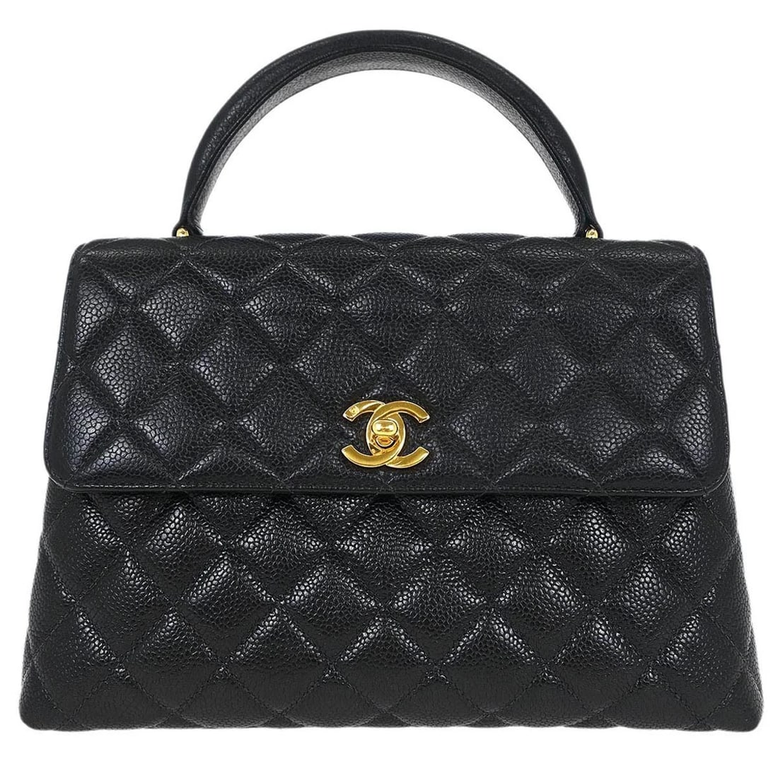 CHANEL BLACK CALFSKIN TOP HANDLE HANDBAG: Chanel Black Calfskin Top Handle Handbag Brand: CHANEL Type/Style: Top Handle Bag Material: Caviar skin leather Color: Black Size: W 10.2 x H 6.7 x D 3.5 " Handle Drop. 2.4 " Accessories: None