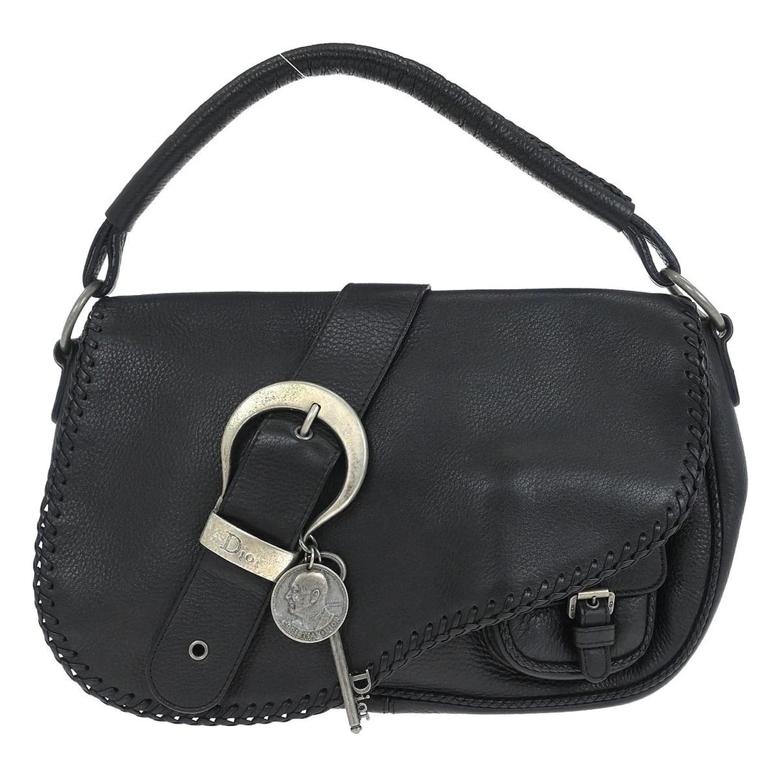 CHRISTIAN DIOR BLACK LEATHER GAUCHO HANDBAG: Christian Dior Black Leather Gaucho Handbag Brand: Dior Type/Style: Saddle Bag Material: Leather Color: Black Size: W 13.0 x H 8.3 x D 2.4 " Handle Drop. 3.9 " Accessories: None Accessorie
